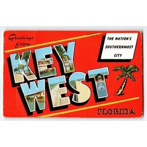 Greetings From Key West Florida Large Letter Linen Postcard 1952 RARE Vintage